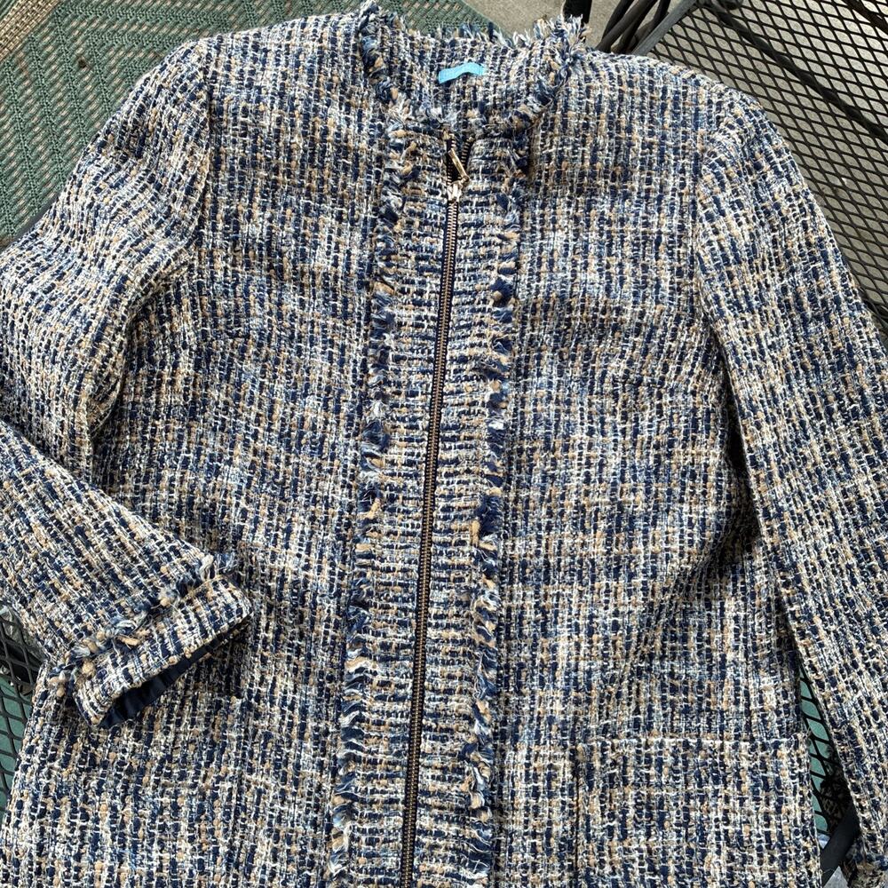 J. McLaughlin Women's Navy Tan Tweed Frayed Trim FULL Zip Jacket Coat READ